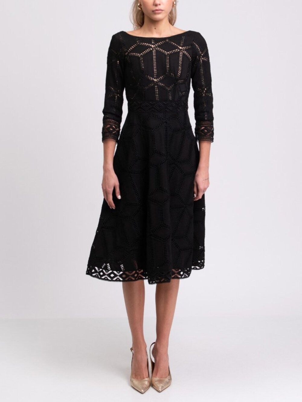 NWT BA&SH Roswell Midi Lace Macrame Crochet Dress Sz 1/S Black 3/4 Sleeve Black